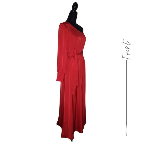 WOMEN'S SATIN ELEGANT OCCASION CHERRY RED MAXI DRESS ASYMMETRICAL - Picture 4 of 11